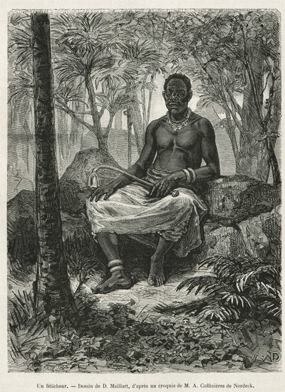 Een feticheur, tovenaar die de magische kracht van fetiches kan gebruiken, tekening door D. Maillart, ter illustratie van het verhaal van een reis naar Gabon en de Ogoue-rivier, in 1875-1877, door Alfred Marche. Gravure in Le tour du monde door French School