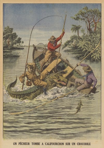 Een visser valt over een krokodil nadat deze zijn boot heeft omgegooid door French School