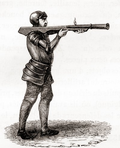 Een voetsoldaat met een handbom, laat 14e en 15e eeuw, naar een 19e-eeuwse tekening, uit Les Merveilles de la Science, gepubliceerd ca. 1870 door French School