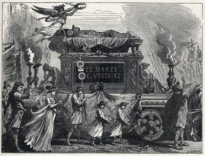 Een rouwtank die het lichaam van Voltaire draagt door French School