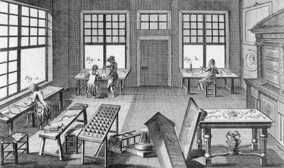 Een meubelinleggerswerkplaats, uit de Encyclopedie des Sciences et Metiers door Denis Diderot (1713-84) gepubliceerd ca. 1770 door French School