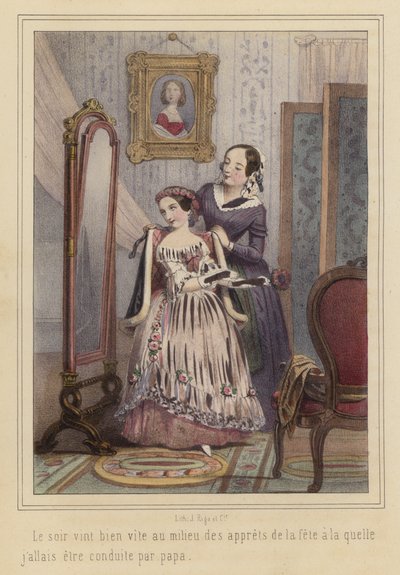 Een meisje maakt zich klaar om naar een feest te gaan (kleurenlitho) door French School