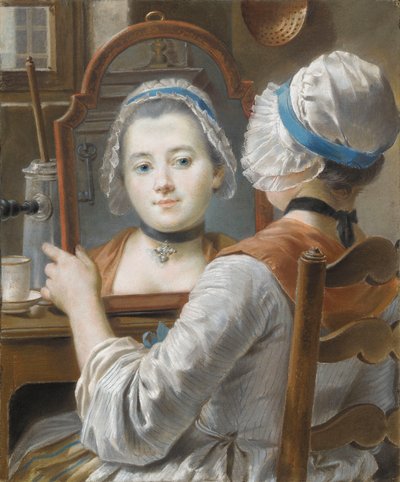 Een meisje met een kapje, kijkend naar zichzelf in een spiegel met een chocolatière en een kopje op de tafel, ca. 1750 door French School
