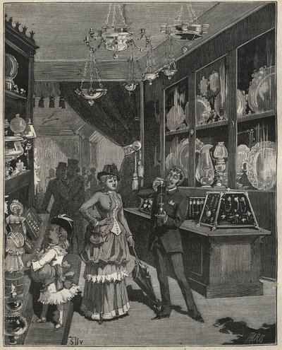 Een goudwinkel in Frankrijk in de 19e eeuw. Gravure uit 1885 in 