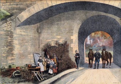 Een dakloze familie gekampeerd onder een brug in Parijs. Gravure uit de krant 