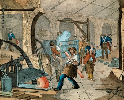 Een arbeider aan het werk in een Franse gieterij door French School