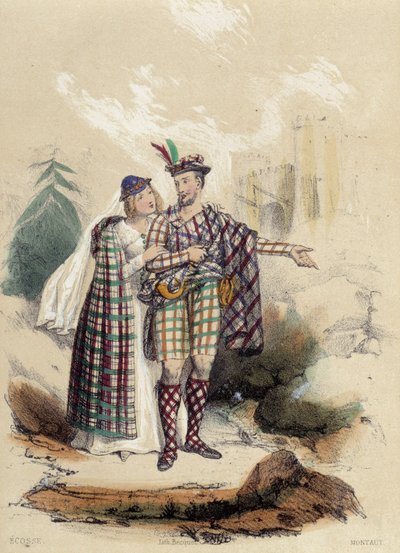 Een man met een kilt en zijn metgezel voor een kasteel; illustratie voor Schotland, in 