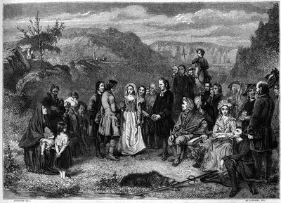 Een huwelijk van Puriteinen (Presbyterianen) in Schotland. Gravure door Freeman in 