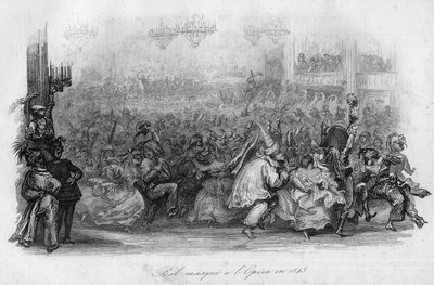 Een gemaskerd bal in de Opera van Parijs in 1843. (