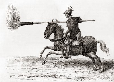 Een middeleeuwse ridder met een vuur lans, een van de eerste buskruitwapens ter wereld, uit Les Merveilles de la Science, gepubliceerd ca. 1870 door French School