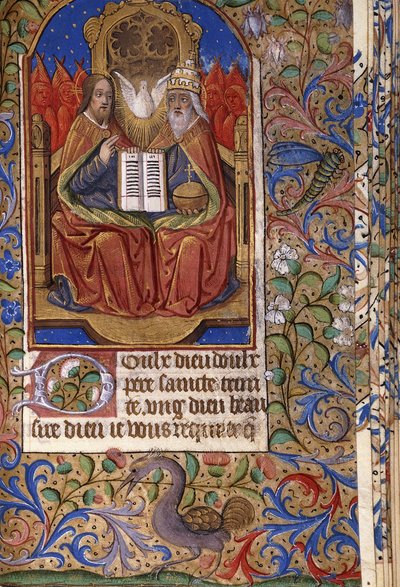Een miniatuur uit een Getijdenboek, in het Latijn en Frans, met de Drie-eenheid op de troon met engelen, circa 1485 door French School