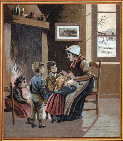 Een moeder vertelt verhalen aan haar kinderen bij het vuur. Omslag van het boek "Les tales du foyer pour les petits". Anonieme gravure uit de 19e eeuw. door French School