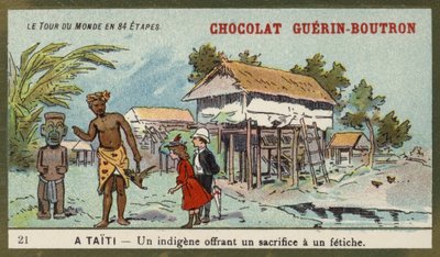 Een inboorling die een offer brengt aan een afgod, Tahiti door French School