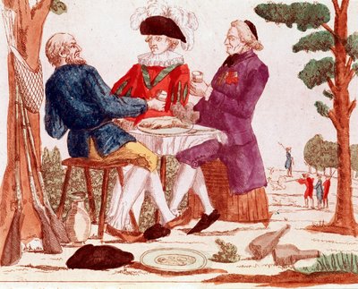 Een boer, geestelijke en aristocraat eten samen een konijn aan een tafel door French School