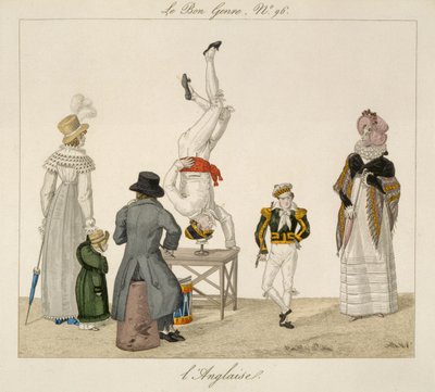 Een artiest die op zijn hoofd staat en balanceert op een glas, plaat 96 uit le Bon Genre, ca.1810 door French School