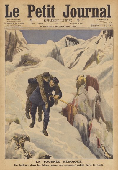 Een postbode redt een reiziger die verdwaald is in de sneeuw in de Alpen door French School