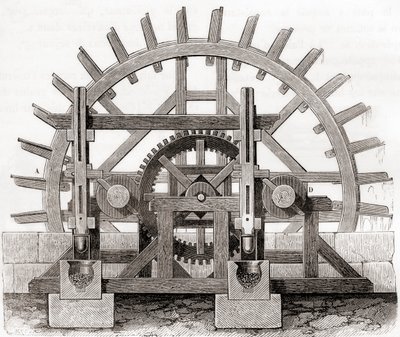 Een kruitmolen en zijn waterrad, naar een 19e-eeuwse tekening, uit Les Merveilles de la Science, gepubliceerd ca. 1870 door French School
