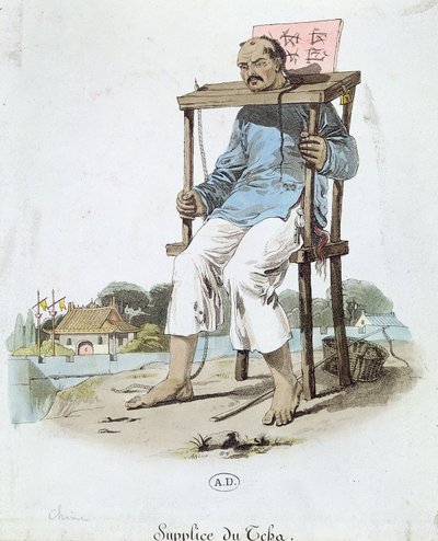 Een gevangene in de Cangue in China, ca. 1800 door French School