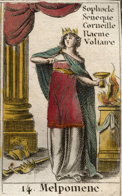 Afbeelding van Melpomene, muze van de tragedie, ze draagt een kroon, een scepter en een dolk, evenals een beker met gif. Uit “Mythologie de la jeunesse” door Pierre Blanchard 1803. door French School