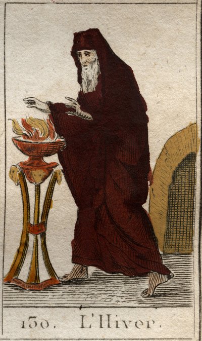 Afbeelding van het winterseizoen als een oude man die zich opwarmt bij een vuur. Uit “Mythologie de la jeunesse” door Pierre Blanchard 1803. door French School