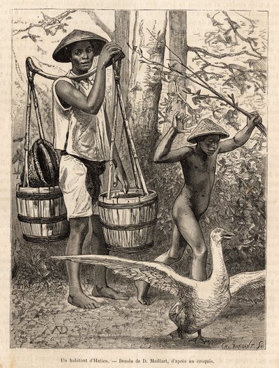 Een inwoner van Hatien (Vietnam) draagt emmers en een mand en een kind jaagt een gans met een stok, gravure naar een tekening van Robin, illustratie van de reis naar Cochinchine, door dokter Morice, in 1872, gepubliceerd in 
