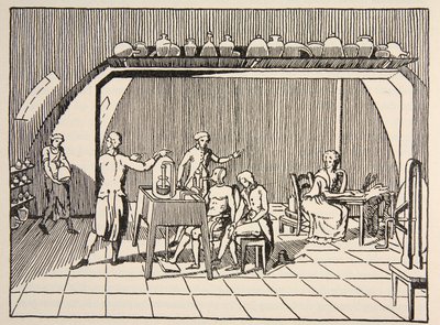Een ademhalingsexperiment in het laboratorium van Lavoisier, kopie door Boris Mestchersky (d.1957) illustratie uit Histoire de la Nation Francaise, Sciences, Volumes I & II, door Gabriel Hanotaux (1853-1944), 1924 door French School