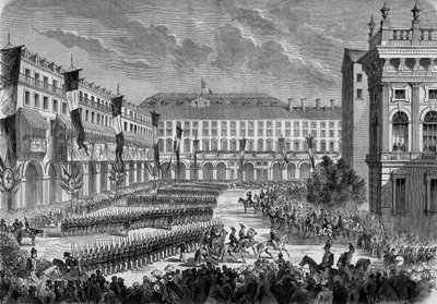 Een review van de troepen door de Italiaanse koning Victor Emmanuel II (Victor-Emmanuel) (Vittorio Emanuele) in Turijn op 7 juni door French School