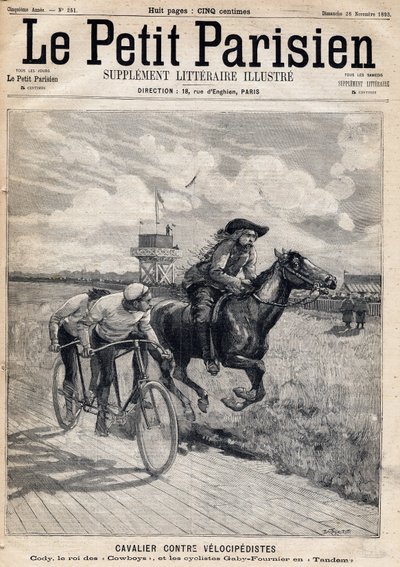 Een ruiter racete tegen velocipedisten: William Frederic Cody (1846-1917), bekend als Buffalo Bill, bekend als Koning van de Cowboys en fietsers Gaby en Fournier in tandem. Een van de kranten 