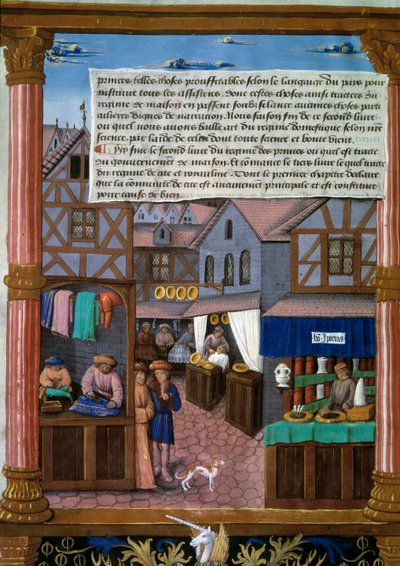 Een straat in Parijs met kraampjes aan het begin van de 16e eeuw Manuscriptpagina uit 
