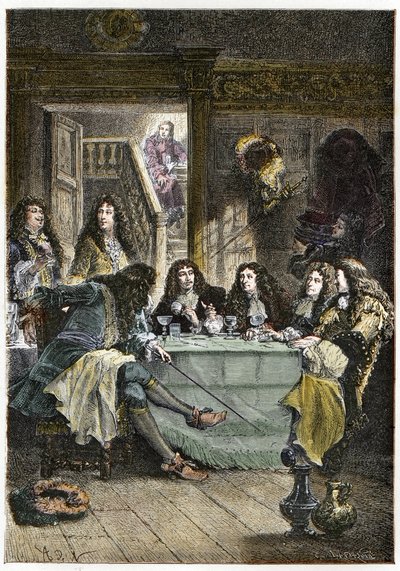 Een salon (cabaret) met Franse schrijvers Jean de La Fontaine (1621-1695), Nicolas Boileau-Despréaux (1636-1711), toneelschrijver Jean Baptiste Poquelin genaamd Molière (1622-1673), en dichter Jean Racine (1639-1699) - La Fontaine, Boileau door French School