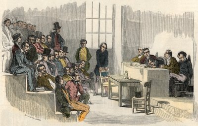 Een zitting van de aggregatiewedstrijd aan de Sorbonne in Parijs in de 19e eeuw - Gravure in 