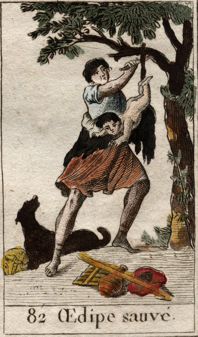 Een herder redt Oedipus als kind, verlaten door zijn ouders vanwege het dringende advies van het orakel van de Pythia. Uit 