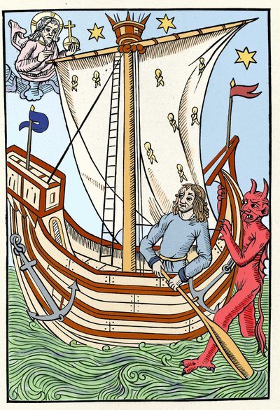 Een schip tussen de gevaren van de zee. Een demon greep de boeg terwijl God zich aan de linkerkant manifesteerde. Gravure uit "De Grote Kalender en Compost van de Herders", Troyes 1491 door French School