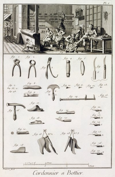 Een schoen- en laarzenmaker en hun gereedschap, uit de Encyclopedie des Sciences et Metiers door Denis Diderot, gepubliceerd ca. 1770 door French School