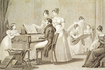 Een zangles voor jonge dames (gravure) door French School
