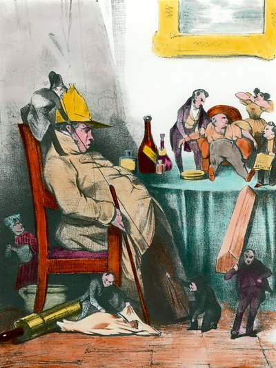 Een zittende hypochonder die aan zijn volgende dood denkt Illustratie voor het stuk 