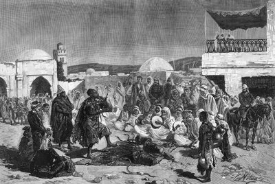 Een slangenbezweerder op het Souk-plein van Beja in Tunesië door French School