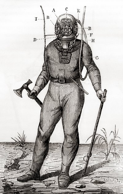 Een standaard duikpak gepatenteerd door Joseph-Martin Cabirol in 1855, uit 
