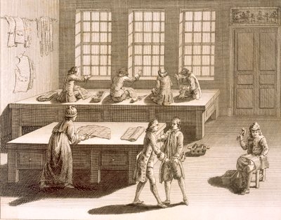Een kleermakerswerkplaats, uit de Encyclopedie des Sciences et Metiers door Denis Diderot, gepubliceerd ca. 1770 door French School