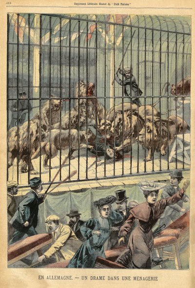 Een temmer wordt opgegeten door haar leeuwen in een menagerie in Dessau, Duitsland. Gravure in 