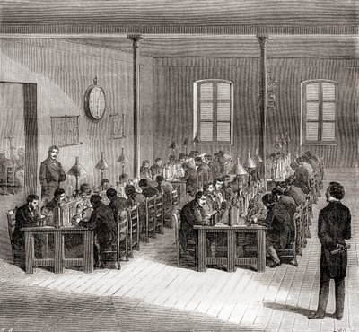 Een telegraafstation in Parijs, Frankrijk, ca. 1870, uit Les Merveilles de la Science, gepubliceerd ca. 1870 door French School