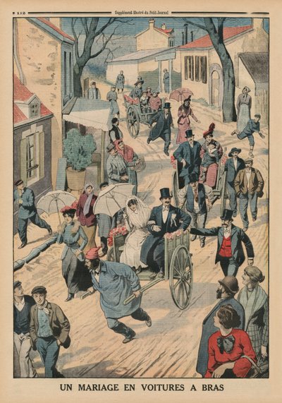 Een bruiloft op handkarren, achteromslag illustratie uit Le Petit Journal, supplement illustre, 5 april 1914 door French School