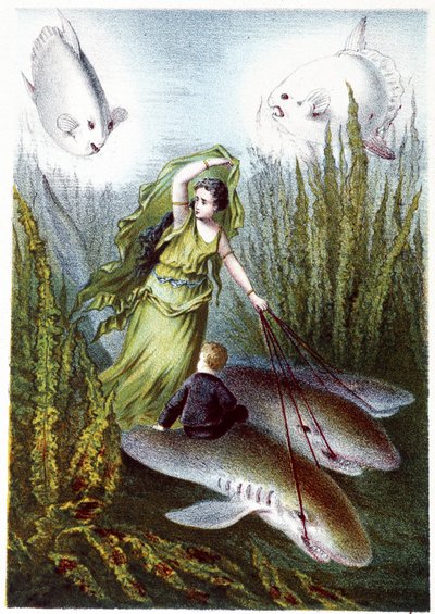 Een vrouw en een jongen die gigantische vissen op haaien ontvluchten - in "Reis naar de bodem van de zee" door H. de la Blanchère. Parijs, ed. Jouvet et Cie, sd. 1880 door French School