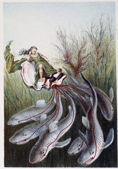 Een vrouw en een jongen op een tank geleid door haaien - in "Reis naar de bodem van de zee" door H. de la Blanchère. Parijs, ed. Jouvet et Cie, sd. 1880 door French School