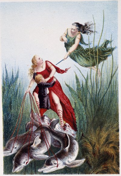 Een vrouw die een andere vrouw aanvalt en een jongen geleid door dolfijnen - in "Reis naar de bodem van de zee" door H. de la Blanchère. Parijs, ed. Jouvet et Cie, sd. 1880. door French School