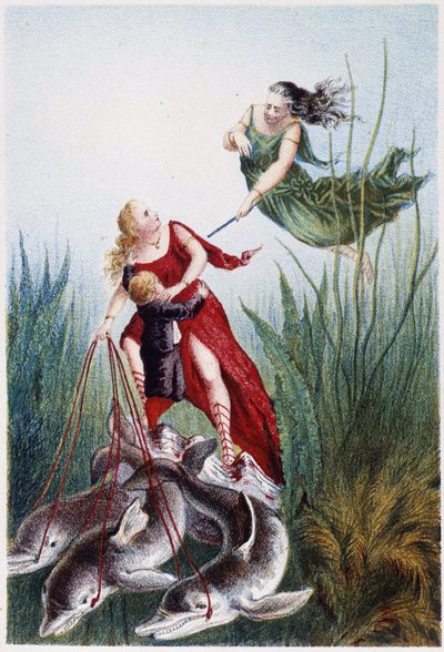 Een vrouw die een andere vrouw en een jongen aanvalt, geleid door dolfijnen - in "Reis naar de bodem van de zee" door H. de la Blanchère. Parijs, ed. Jouvet et Cie, sd. 1880 door French School