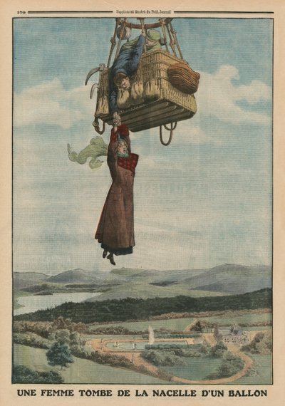 Een vrouw valt uit de gondel van een ballon, achteromslagillustratie van 