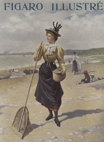 Een vrouw loopt langs een strand met visgerei door French School