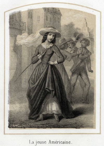 Een jonge Amerikaanse vrouw veroorzaakt gevechten tussen haar vrijers. Anonieme gravure van de 19e eeuw door French School