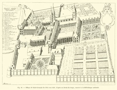 Abdij van Saint-Germain des Pres rond 1630, naar een tekening uit die tijd, bewaard in de nationale bibliotheek door French School